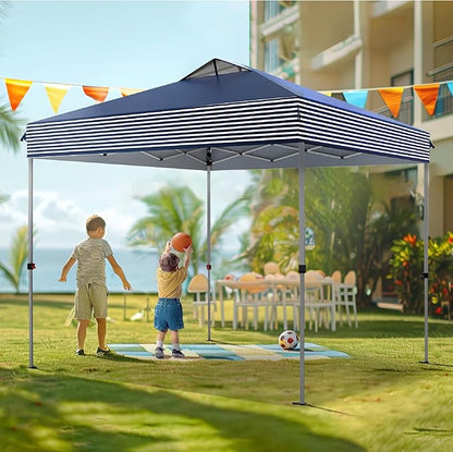 PHI VILLA Pop Up Canopy 10 10 Tents for Parties with Wheeled Bag, Portable Lightweight Folding w/Adjustable Height,Blue and White Stripes