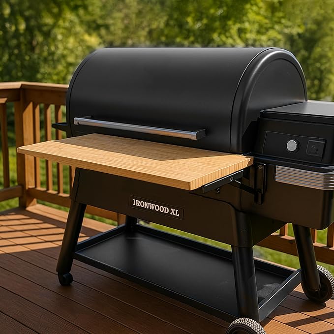 Iron Forge Tools 24x12 Wood Folding Grill Shelf Accessory - Compatible with Traeger Grill Ironwood, Ironwood XL, Timberline, & Timberline XL Models with PAL Pop and Lock Accessories Mount