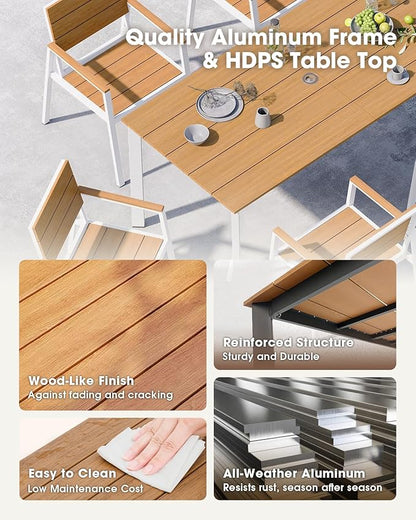 Outdoor Patio Dining Set for 6, Aluminum 7 Piece HDPS Patio Table and Chairs Set with Umbrella Hole, Modern Rectangular Patio Furniture Set with All-Weather Table & 6 Chairs (White & Teak)