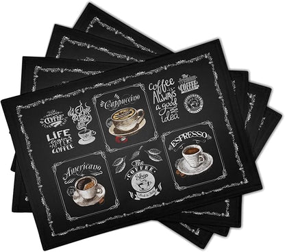 Giwawa Coffee Placemts Set of 4, 12"x18" Black Cafe Life Themed Coffee Beans Maker Espresso Cup Print, Washable Heat-Resistant Linen Placemats for Dining Table Party