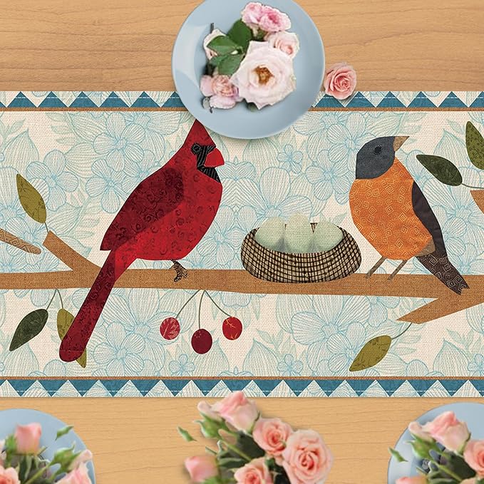 Seliem Spring Summer Birds Blue Table Runner, Cardinal Chickadee Bluebird Branch Red Berry Kitchen Dining Table Decor, Flower Nest Egg Burlap Home Decoration Indoor Outdoor Party Supply 13 x 90 Inches