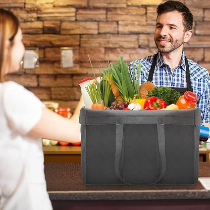 WISELIFE Reusable Grocery Shopping Bags 10 Pack Large Foldable Tote Bags Bulk, Long Handle for Shopping Groceries Clothes (Dark Grey & Black)