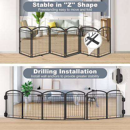 Full Metal Free Standing Dog Gate with Door for Indoor Outdoor, 144'' Extra Wide 36'' Tall Dog Gate for Doorways,Large Openings,Decks,Freestanding Portable Pet Fence(6 Panels,Black)