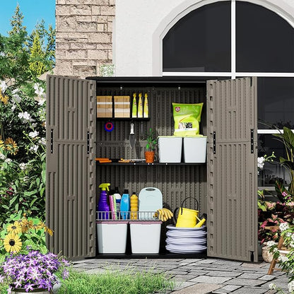 HOMSPARK 47 Cu.Ft Outdoor Storage Shed Weather Resistant, Multi Functional | Double-Wall Resin Storage Sheds & Outdoor Storage Box Waterproof for Backyard Garden Patio Lawn (Brown)