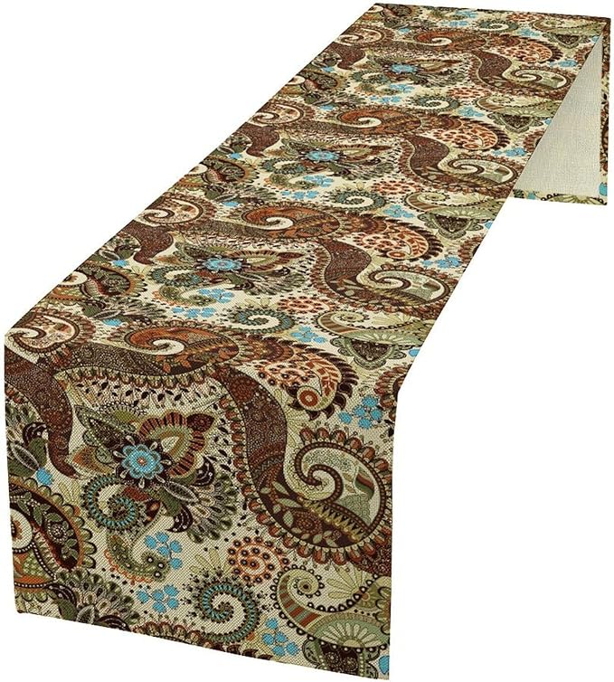 Brown Paisley Table Runner, Rustic Damask Antique Floral Flower Retro Boho Swirled Pattern Vintage Coffee Table Center Decor for Family Kitchen and Living Room Outdoor Table Decorations, 13"x90"