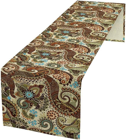 Brown Paisley Table Runner, Rustic Damask Antique Floral Flower Retro Boho Swirled Pattern Vintage Coffee Table Center Decor for Family Kitchen and Living Room Outdoor Table Decorations, 13"x72"
