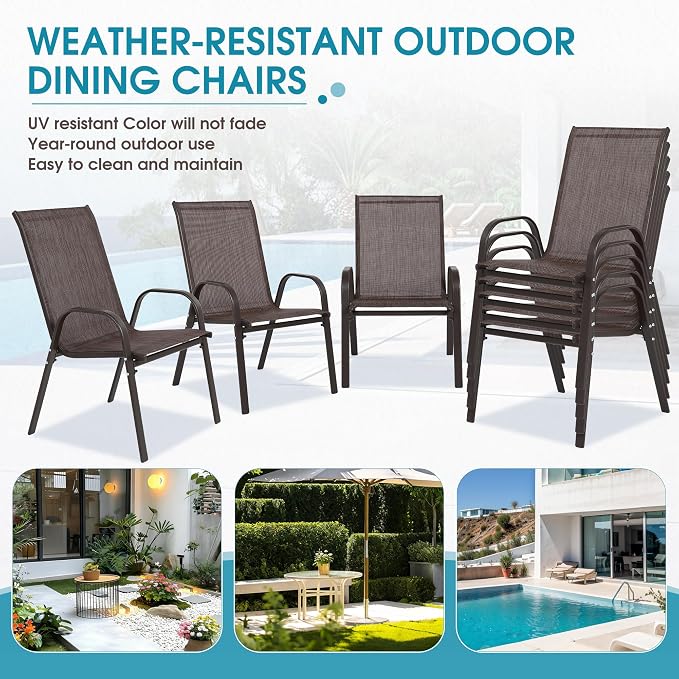24.4" Wide Outdoor Stackable Chairs Set of 8 | Stacking Patio Chairs - Image 8