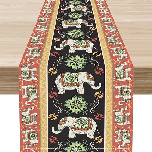Boho Elephant Table Runner, Rustic African Tribe Indian Diwali Floral Ethnic Rustic Green Coffee Table Center Decor for Home Kitchen Dining Holiday Party Country Outdoor Table Decorations, 13"x90"