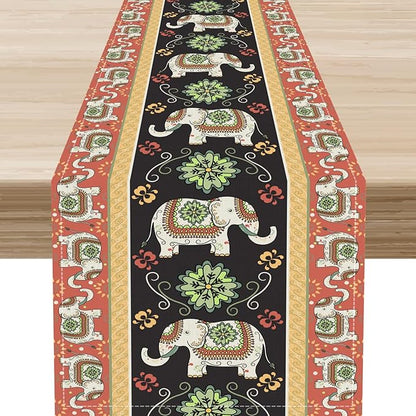 Boho Elephant Table Runner, Rustic African Tribe Indian Diwali Floral Ethnic Rustic Green Coffee Table Center Decor for Home Kitchen Dining Holiday Party Country Outdoor Table Decorations, 13"x72"