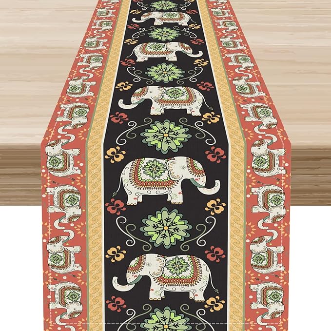 Boho Elephant Table Runner, Rustic African Tribe Indian Diwali Floral Ethnic Rustic Green Coffee Table Center Decor for Home Kitchen Dining Holiday Party Country Outdoor Table Decorations, 13"x36"