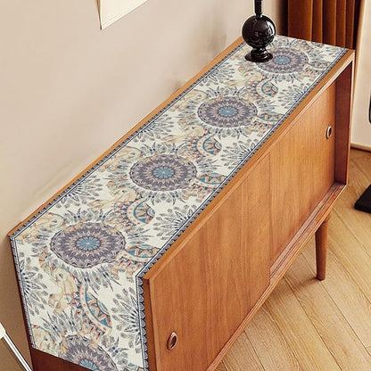 Boho Table Runner, Rustic Blue African Tribe Elephant Indian Diwali Damask Mandala Art Print Ethnic Folk Coffee Table Center Decor for Home Kitchen Holiday Party Outdoor Table Decorations, 13"x72"