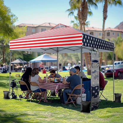 PHI VILLA 10x10 Pop Up Canopy Tent - One Push Setup, Instant Shade Tent with Vented Roof for Beach & Events - Includes Storage Bag, Sandbags, Stakes & Ropes (American Flag)