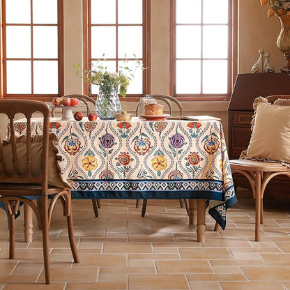 Vintage French Rectangular Tablecloth,Linen Tablecloth with Rose and Cornflower Pattern,Decorative Table Cover for Kitchen,Dining,Thanksgiving,Tea Party,63" × 87"-Lanae