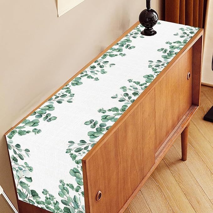 Farmhouse Table Runner, Green Eucalyptus Spring Summer Seasonal Plants Rustic Country Cafe Coffee Table Center Decor for Home Kitchen Dining Patio Indoor Outdoor Table Decorations, 13"x72" Inch