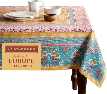 Maison d' Hermine 100% Cotton Rectangular Tablecloth 60×120 in – Farmhouse Dining Table Linen, Reusable Everyday Table Cover for Home, Wedding, Spring Summer Party Décor - Marquise