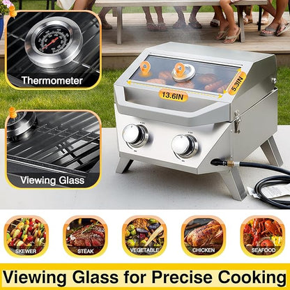 BESTFIRE 2-Burner Tabletop Propane Grill, 20000 BTU Stainless Steel Portable BBQ with Viewing Glass Lid, Built-in Thermometer & Push-Button Ignition for Patio, Camping, RV & Tailgating