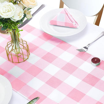 Fabric Checkered Table Runner 1 Pack Waterproof Gingham Table Runner 14W x 108L Buffalo Check Table Runners for Parties Kitchen Dining Wedding Banquet (Pink and White)