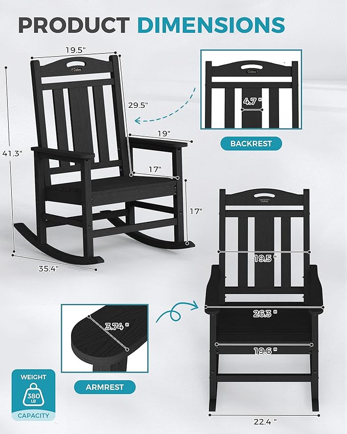 Oversized Outdoor Rocking Chairs Set of 3, 380lbs Heavy-Duty Large Patio Rocker - Image 2