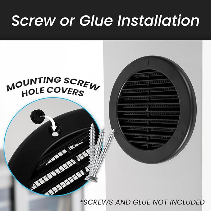 Repa Market 4 Inch (Opening) Black Round Air Vent Cover - Pack of 2 Plastic Fresh Air Intake Vent - Grill Cover with Nylon Mesh Screen - Wall or Ceiling HVAC Return Air Register - Modern Soffit Vents
