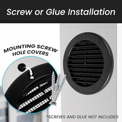 Repa Market 4 Inch (Opening) Black Round Air Vent Cover - Pack of 5 Plastic Fresh Air Intake Vent - Grill Cover with Nylon Mesh Screen - Wall or Ceiling HVAC Return Air Register - Modern Soffit Vents