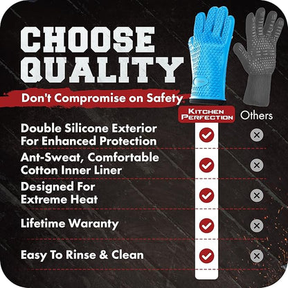 KITCHEN PERFECTION XL Silicone Smoker Oven Gloves-Extreme HeatResistant Gloves-Handle Hot Food Right on Your Grill BBQ Fryer&Pit|Waterproof Grilling Cooking&Baking Mitts|Superior Value Set+3 Bonuses