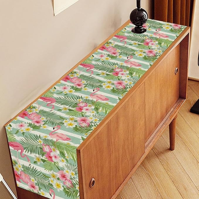 Tropical Flamingo Table Runner,Green White Stripes Palm Leaves Floral Hawaii Seasonal Holiday Celebration Kitchen Dining Table Decoration for Home Party Decor, 13"x72"