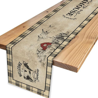 Farmhouse Table Runner, Rustic Country Barn Cottage Rooster Cow Check Animal Coffee Table Center Decor for Home Kitchen Dining Patio Holiday Party Indoor Outdoor Table Decorations 13"x108"