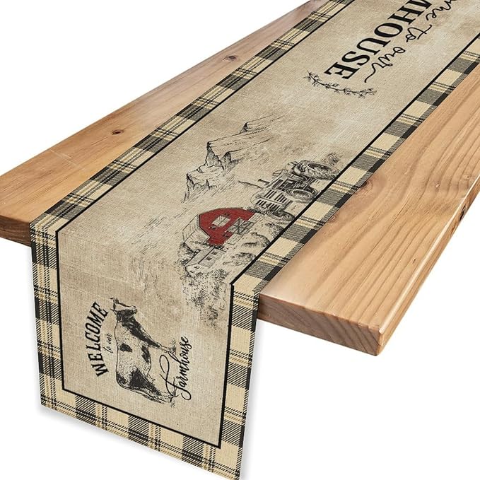 Farmhouse Table Runner, Rustic Country Barn Cottage Rooster Cow Check Animal Coffee Table Center Decor for Home Kitchen Dining Patio Holiday Party Indoor Outdoor Table Decorations 13"x36"