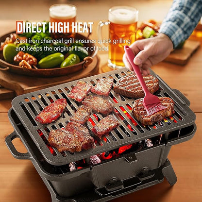 Hibachi Grill Outdoor, Portable Mini Charcoal Grill, Pre-Seasoned Cast Iron, Small Japanese Yakitori Tabletop Skillet Grill Stove for Outdoor Camping