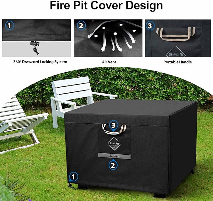 QH.HOME Fire Pit Cover Square Super Waterproof, 44" L x 44" W x 24" H Outdoor Firepit Table Cover 600D Strong Tear Resistant, UPF 50+ Fire Pit Cover Fading Resistant for Square Fire Pit - Black