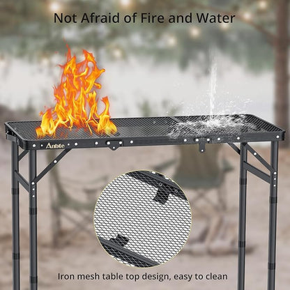 Anbte Folding Grill Table, 3ft Tri-Fold Aluminum Folding Table Adjustable Height Max 27.5" Grill Table with Mesh Desktop, Lightweight, Portable Handle for Outdoor Cooking BBQ Picnic (Black)