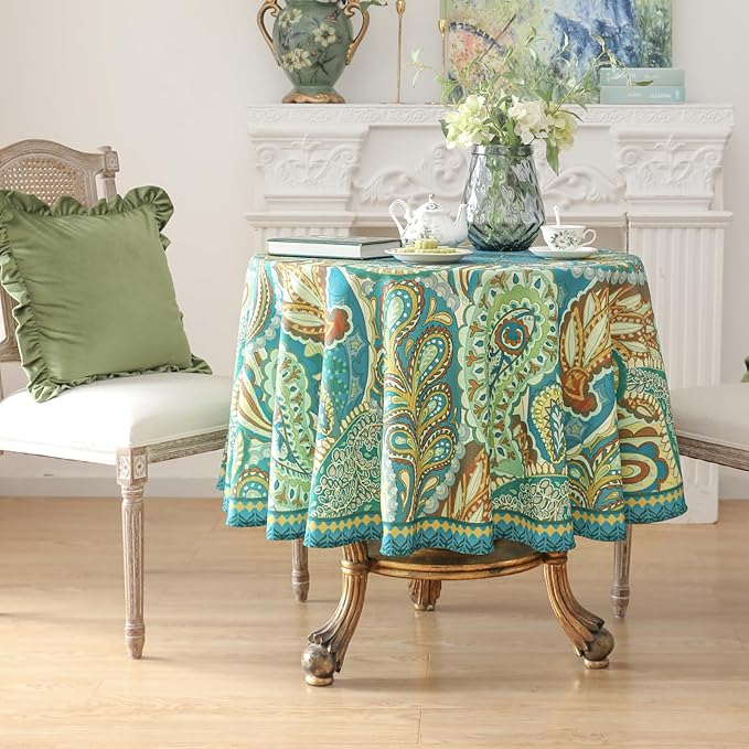 Linen 67 Inch Round Tablecloth,Wrinkle Resistant French Green Tablecloth Print with Froal,Decor Stitch Table Cloth for Thanksgiving,Dining Room,Home,Kitchen Diameter 67"-Milen