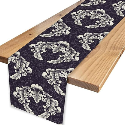 Gothic Table Runner, Antique Retro Damask Floral Bohemian Boho Purple Rustic Vintage Coffee Table Center Decor for Kitchen and Dining Outdoor Home Country Party Table Decorations, 13"x72"