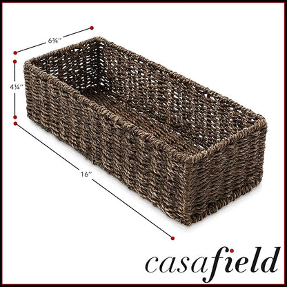 Casafield Set of 2 Bathroom Storage Baskets, Espresso - Seagrass, 16" W x 6.75" D x 4.25" H, Woven Toilet Tank Topper Bins for Organizing Tissues, Toilet Paper, Toiletries, Shelves