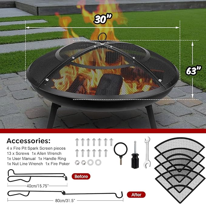 Fire Pit Spark Screen,30 Inch Fire Pit Screen Cover Outdoor with Handle&Poker,Firepit Screens Round Cover Mesh Replacement Heavy-Duty Steel Fire Pit Covert for Backyard/Beach/RV Camping