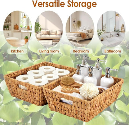 Wicker Baskets 2 Pack, Water Hyacinth Wicker Storage Basket with Handles for Organizing, Handmade Large Baskets, Natural