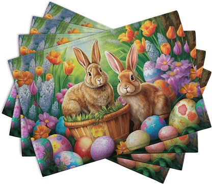 Easter Rabbits Eggs Placemats Set of 4 Easter Bunny Tulip Flowers Table Place Mats Seasonal Farmhouse Spring Holiday Table Mat for Party Kitchen Dining Outdoor Indoor Decor