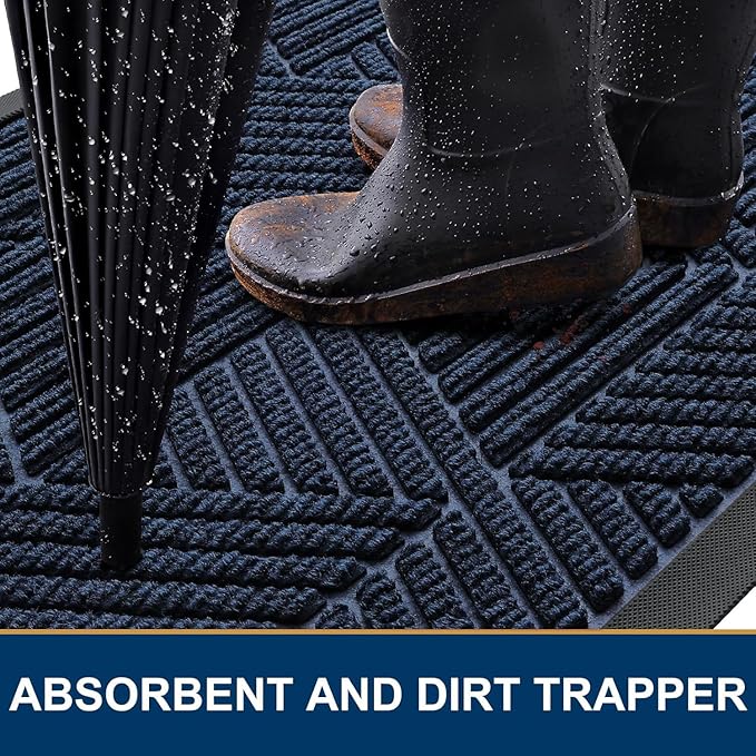 Smiry Front Door Mat Outside Entrance, Heavy Duty Sturdy Natural Rubber Doormat, Trap Dirt and Moisture, Easy Clean Low Profile Mats for Indoor Outdoor Entry, Irregular Triangle (36x24, Navy Blue)