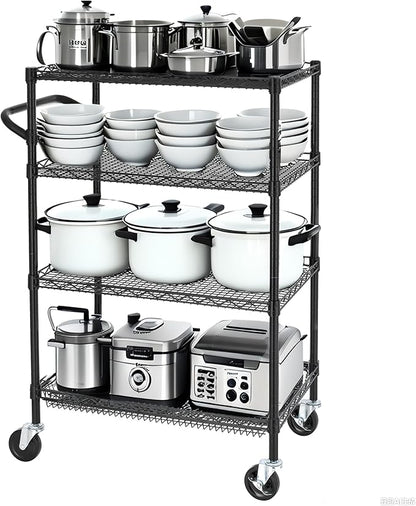 Finnhomy 4 Tier Heavy Duty Commercial Grade Rolling Cart with Handle Bar, Metal Wire Utility Cart with Wheels, Shelf Size 18" D x 30" W, NSF Listed, Black