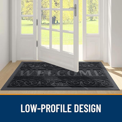 OLANLY Welcome Door Mat Indoor Outdoor Entrance, Heavy Duty Sturdy Front Door Mat, Waterproof All-Weather Doormat, Stain Resistant, Low Profile, Easy Clean Patio Entryway Mat, 47 x 24, Black