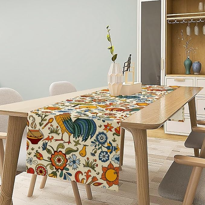 Farm Animal Table Runner, Boho Folk Style Country Rustic Farmhouse Rooster Flower Print Table Runner for Home Kitchen Dining Holiday Decor, 13x90inch