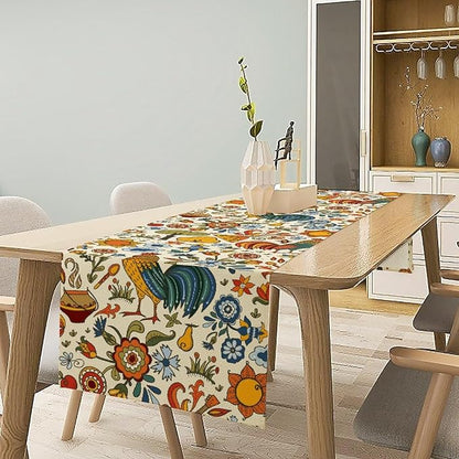 Farm Animal Table Runner, Boho Folk Style Country Rustic Farmhouse Rooster Flower Print Table Runner for Home Kitchen Dining Holiday Decor, 13x70inch