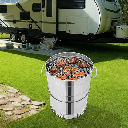 Portable Charcoal Grill, 360° Stainless Steel BBQ Grill Barrel with 50 Skewers & Oil Tray, Outdoor Barbecue Grill for Camping, Backyard, Picnic, Travel