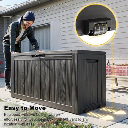 75 Gallon Large Deck Box,Resin Outdoor Storage Box with Lockable for Patio Furniture, Pool Accessories, Garden Tools Waterproof Outside Storage Box, Black