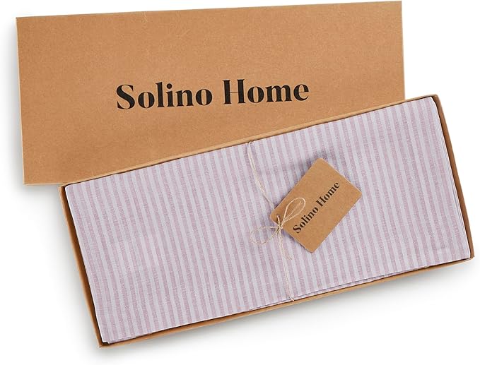 Solino Home Linen Striped Table Runner 120 Inches Long - Narrow Stripe 100% Pure Linen Pink and White Dining Table Runner 14 x 120 Inch for Valentines, Spring, Easter