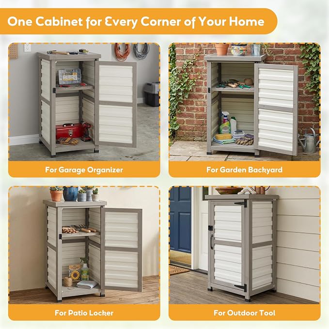 Outdoor Storage Cabinet with Metal Top, Wooden & Plastic Potting Bench & Tool - Image 7