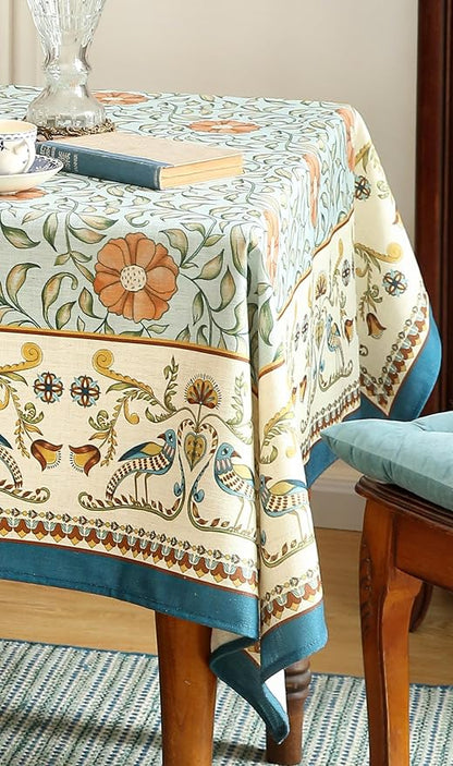 patdrea Designer French Linen Blue Tablecloth for Rectangle Table,Vintage Floral Table Cloth,Colorful Decoration Fall Cover Kitchen Dining for Thanksgiving,Tea Party,Christmas,55"x87"-Wensel