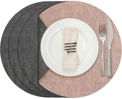 Myir JUN Round Placemats, Dual Sided Faux Leather Place Mats Set of 4 Indoor/Outdoor Non-Slip Washable Table Mats (Gray Pink, Set of 4)
