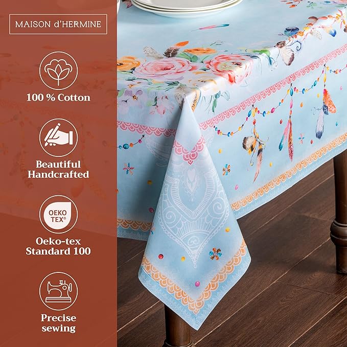 Maison d' Hermine Table Cloth Rectangle Table 100% Cotton 54 x 72 Inches Tablecloth Reusable Decorative Everyday Use for Dining Room, Farmhouse, Home, Party, Festive & Wedding Spring Summer - Ibiza