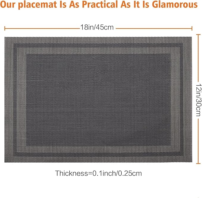 Placemats Set of 8,Washable, Vinyl Woven Non Slip Table Mats for Restaurant Table Protection, PVC Table Placemats (Black, 4PCS 12" Wx18 L)